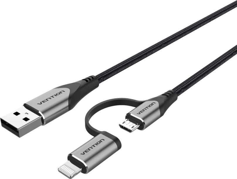 Dátový kábel Vention MFi USB 2.0 to 2-in-1 Micro USB & Lightning Cable 0.5m Gray Aluminum Alloy Type