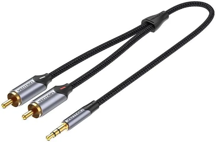 Audio kábel Vention 3.5mm Jack Male to 2-Male RCA Cinch Cable 2m Gray Aluminum Alloy Type