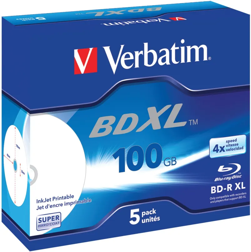 Médiá VERBATIM BD-R XL 100GB, 4x, printable, šperk case 5 ks, BD-R XL, kapacita 100GB, rýc