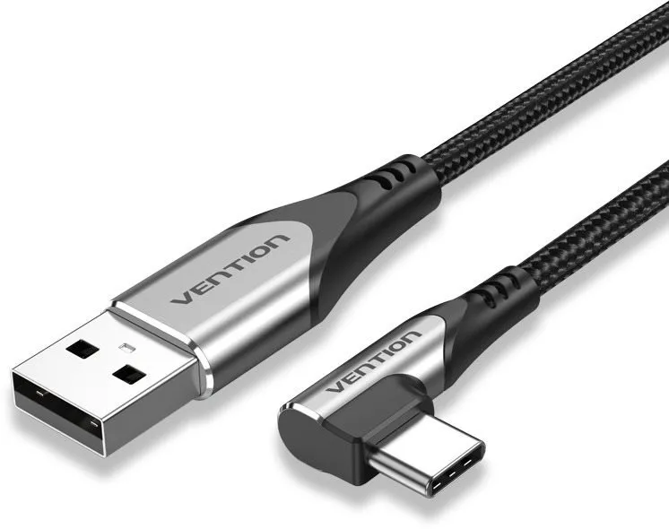 Dátový kábel Vention Type-C (USB-C) 90 ° <-> USB 2.0 Cotton Cable Gray 2m Aluminum Alloy Type