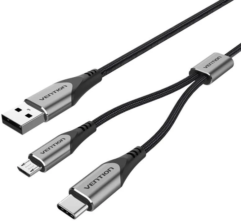 Dátový kábel Vention USB 2.0 do USB-C & Micro USB Y-Splitter Cable 1m Gray Aluminum Alloy Type