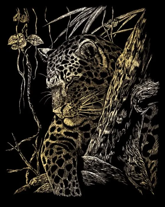 Zlatý škrabací obrázok Leopard na strome