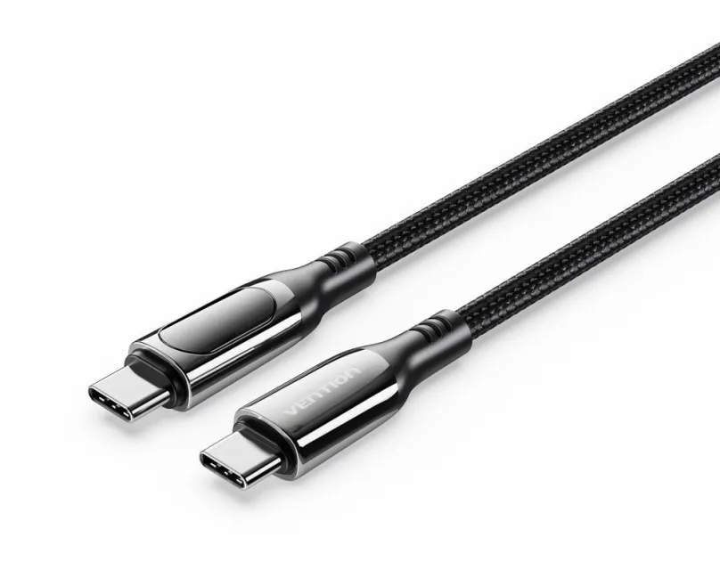 Dátový kábel Vention Cotton Braided USB-C 2.0 5A Cable With LED Display 1.2m Black Zinc Alloy Type