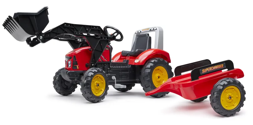 FALK Traktor šliapací 2020M Supercharger s nakladačom a vlečkou - červený