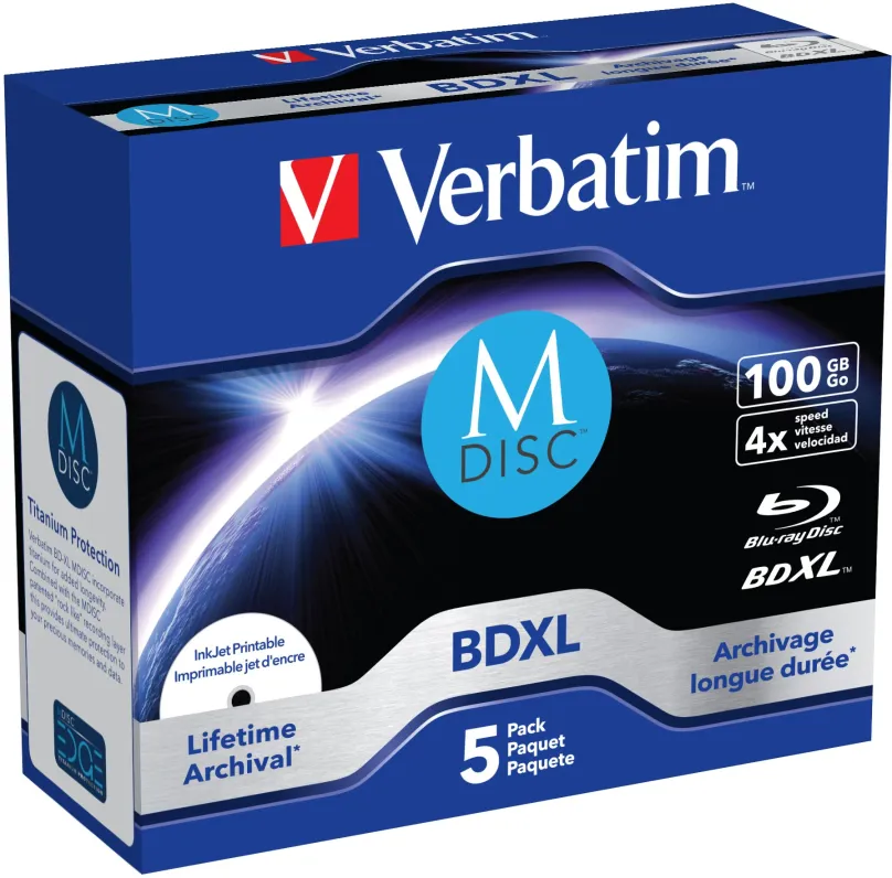 Médiá VERBATIM M-DISC BD-R XL 100GB, 4x, printable, šperk case 5 ks, M-DISCBD-R XL, kvapka