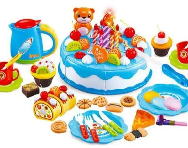 Jedlo do detskej kuchynky DIY KX7593 Detská plastová narodeninová torta modrá 80 dielov