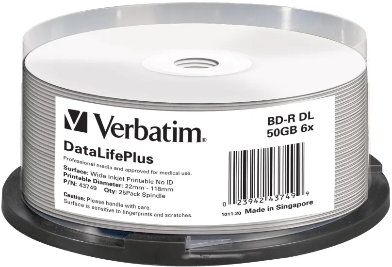 Médiá VERBATIM BD-R DL DataLifePlus 50GB, 6x, printable, spindle 25 ks, BD-R Dual Layer, k