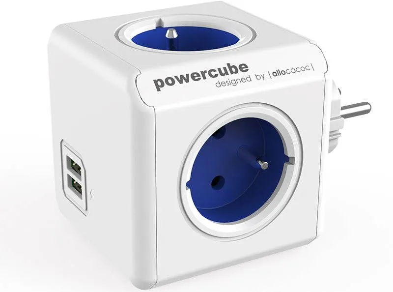 Rozbočovač PowerCube Original USB modrá, – 4 výstupy, detská poistka, uzemnenie, 2 USB por