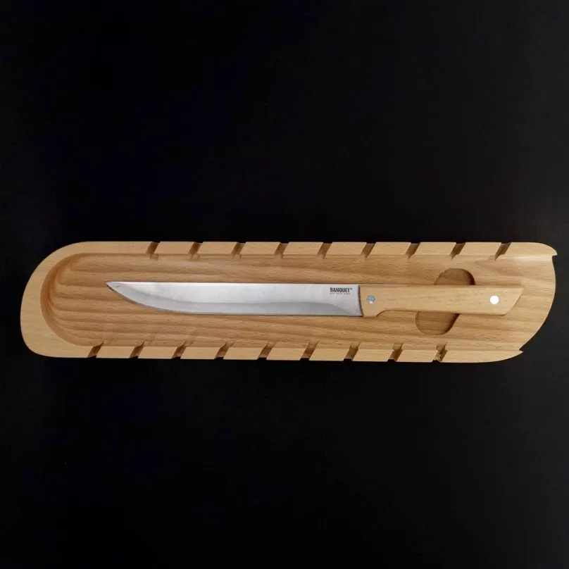 Doštička AMADEA Drevená doštička na bagety s nožom, masívne drevo, 41x9x3 cm