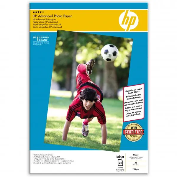 HP Advanced Glossy Photo Paper, foto papier, lesklý, zdokonalený typ biely, A3, 250 g/m2, 20 ks, Q8697A, atramentový