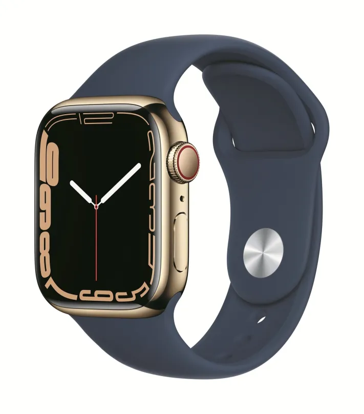 Chytré hodinky Apple Watch Series 7 41mm Cellular Zlatý nerez s hlbokomorsky modrým športovým remienkom