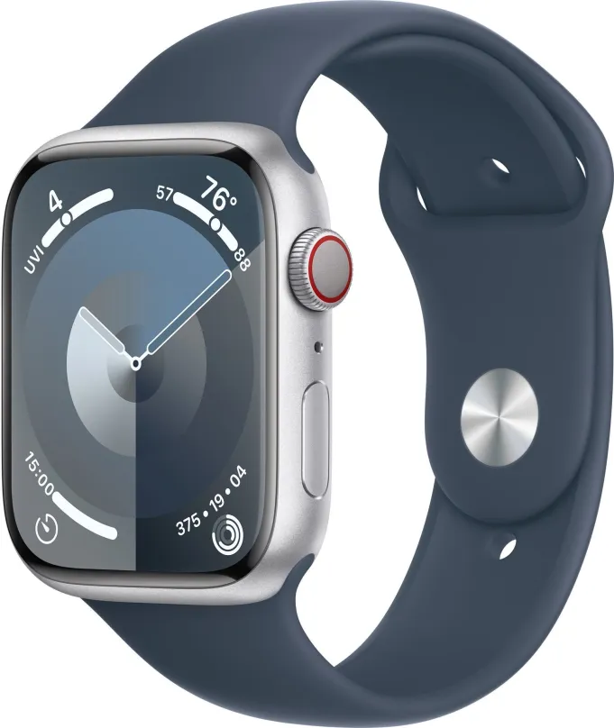 Chytré hodinky Apple Watch Series 9 45mm Cellular Strieborný hliník s búrkovo modrým športovým remienkom - S/M