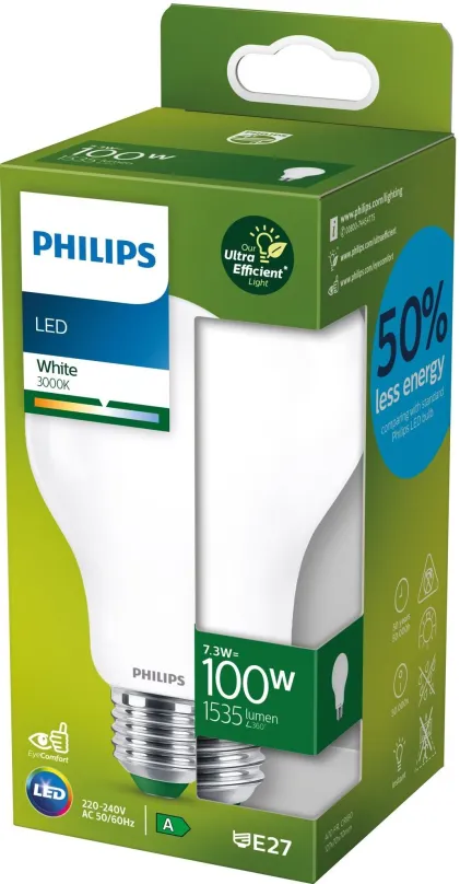 LED žiarovka Philips LED 7,3-100W, E27, 3000K, mliečna, A
