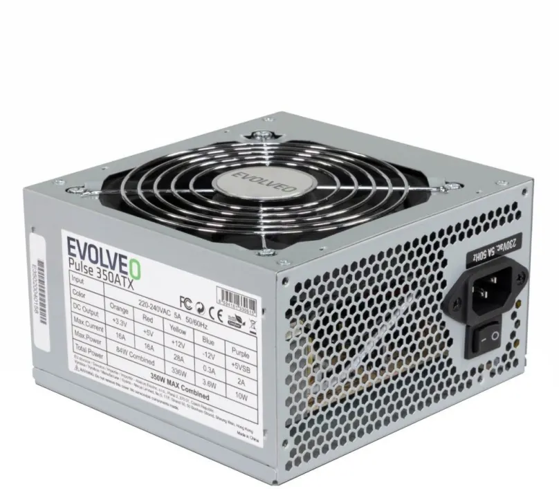 Počítačový zdroj EVOLVEO Pulse 350 W, 350 W, ATX, 1 × PCIe (6-pin), 3 × SATA, pasívne PFC,