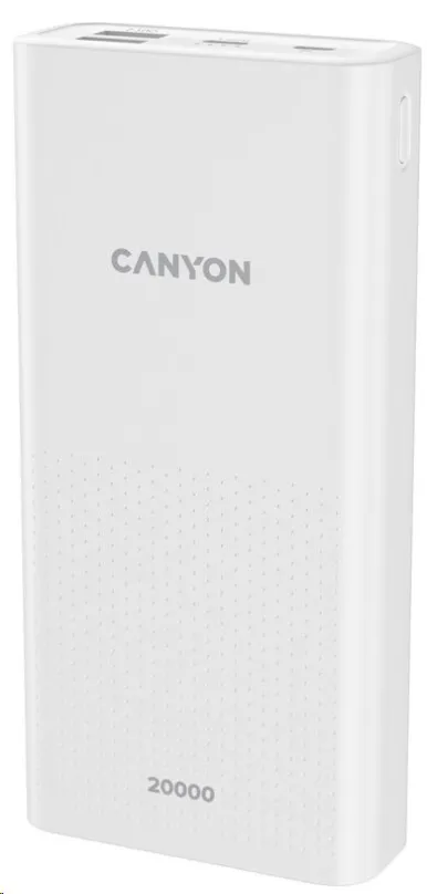 CANYON powerbanka PB-2001, 20000mAh Li-poly, Input 5V/2A microUSB + USB C, Output 5V/2.1A USB-A, biela