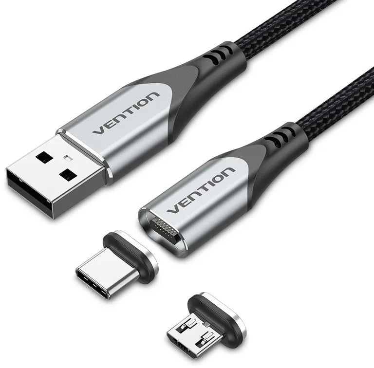 Dátový kábel Vention 2-in-1 USB 2.0 to Micro + USB-C Male Magnetic Cable 1m Gray Aluminum Alloy Type