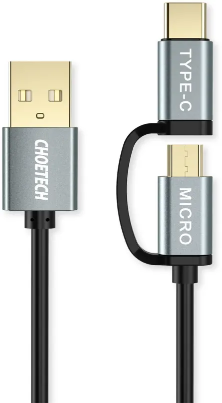 Dátový kábel ChoeTech 2 in 1 USB to Micro USB + Type-C (USB-C) Straight Cable 1.2m