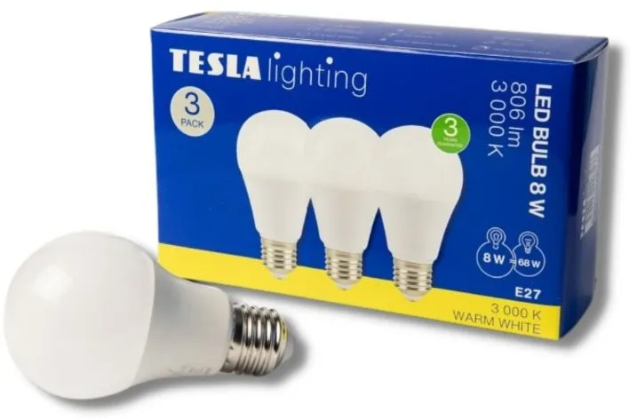 LED žiarovka Tesla - LED žiarovka BULB E27, 8W, 230V, 806lm, 25 000h, 3000K teplá biela, 220st 3ks v balení