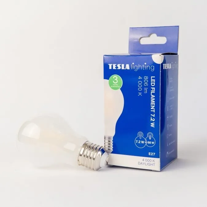 LED žiarovka Tesla - LED žiarovka FILAMENT RETRO BULB E27, 7,2 W, 230V, 806lm, 25 000h, 4000K denná biela, 360st, čír