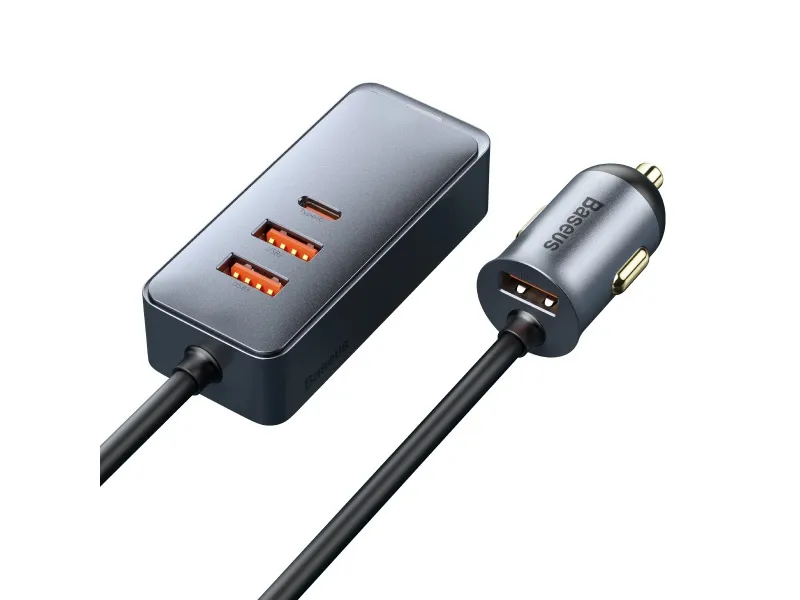 Baseus rýchlo nabíjačka do auta s predlžovacím káblom 3x USB-A, 1x Type-C 120W šedá