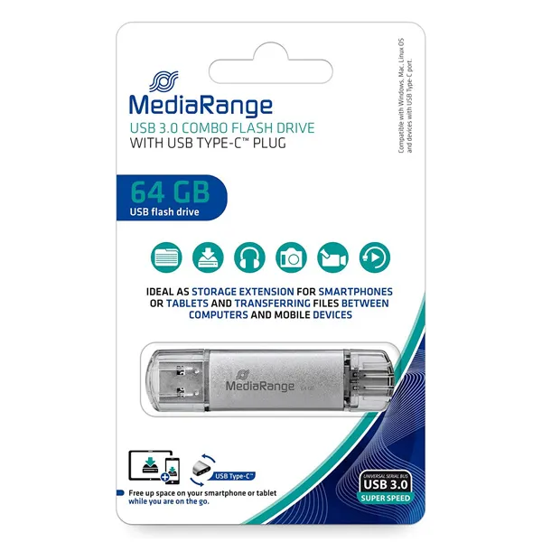 MediaRange USB flash disk, USB 3.0, 64GB, strieborný, MR937, USB A/USB C, s krytkou