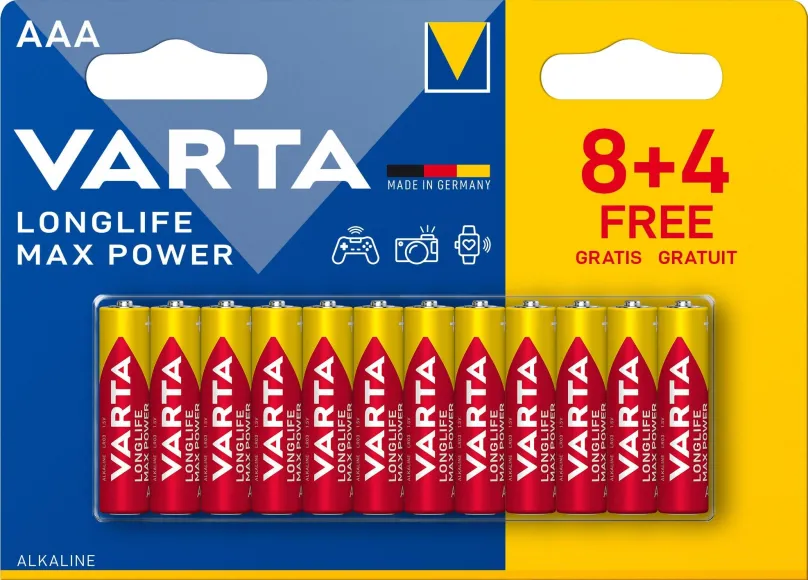 Jednorazová batéria VARTA alkalická batéria Longlife Max Power AAA 8+4ks