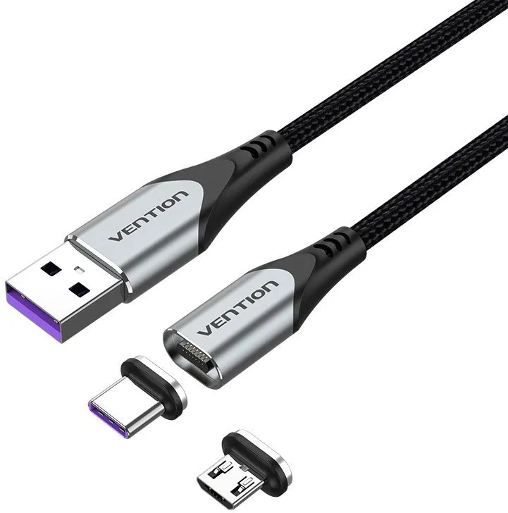 Dátový kábel Vention 2-in-1 USB 2.0 to Micro + USB-C Male Magnetic Cable 5A 2m Gray Aluminum Alloy Type