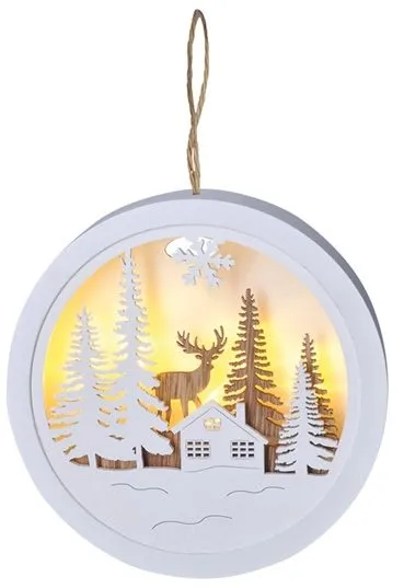 Vianočné osvetlenie LED dekorácia závesná, les a jeleň, biela a hnedá, 2x AAA