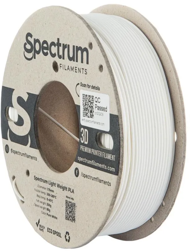 Filament Filament Spectrum Light Weight PLA 1.75mm Pure White 0.25kg, materiál PLA, prieme