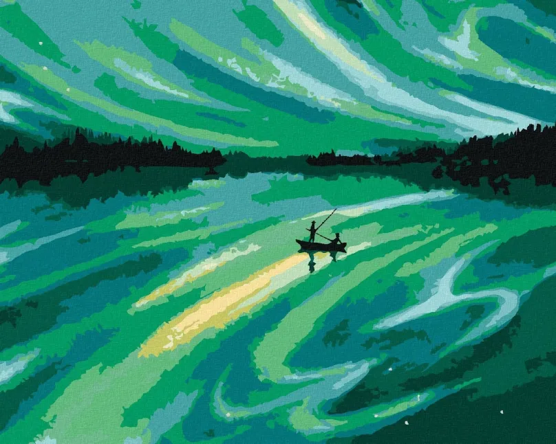 Maľovanie podľa čísel Plávajúce loďka a zelená vesmírna obloha, 80x100 cm, bez rámu a bez vypnutia plátna