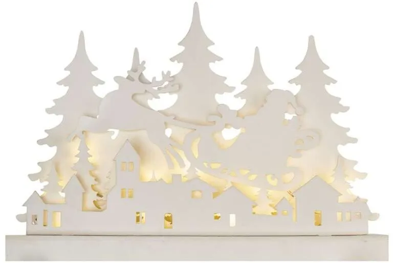 Dekoratívne osvetlenie EMOS LED dekorácia drevená – vianočná dedinka, 31 cm, 2x AA, vnútorná, teplá biela, časovač
