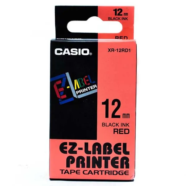 Casio originálna páska do tlačiarne štítkov, Casio, XR-12RD1, čierna tlač/červený podklad, nelaminovaná, 8m, 12mm