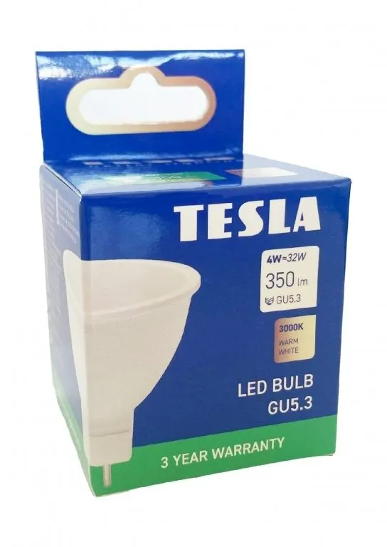 LED žiarovka Tesla - LED žiarovka GU5,3 MR16, 4W, 12V, 300lm, 25 000h, 3000K teplá biela, 100 °