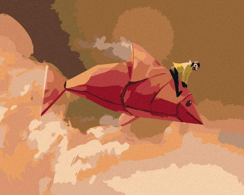 Maľovanie podľa čísel Dievča na červenej rybe z origami, 80x100 cm, bez rámu a bez vypnutia plátna