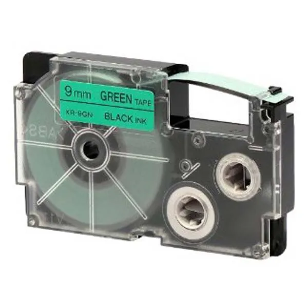 Casio originálna páska do tlačiarne štítkov, Casio, XR-9GN1, čierna tlač/zelený podklad, nelaminovaná, 8m, 9mm