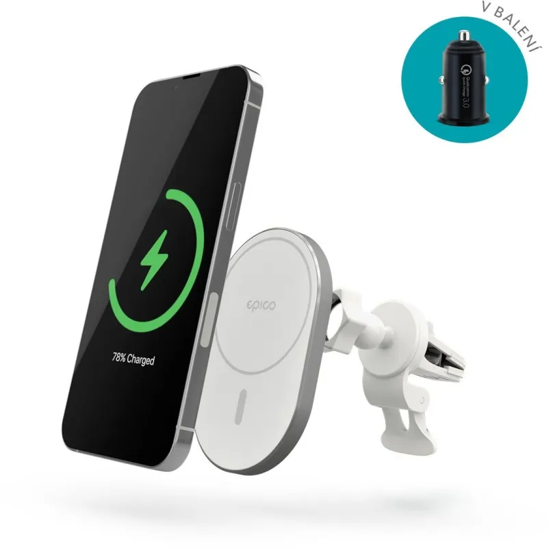 MagSafe držiak na mobilný telefón Epico Ellipse bezdrôtová autonabíjačka 15W s uchytením MagSafe as adaptérom v balení - bielo-strieborná