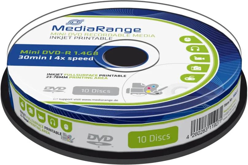 Médiá MediaRange DVD-R 8cm Inkjet Fullsurface Printable 10ks CakeBox