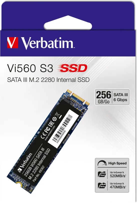 SSD disk Verbatim VI560 S3 256GB, M.2 (SATA), 3D NAND, rýchlosť čítania 560MB/s, rýchlosť