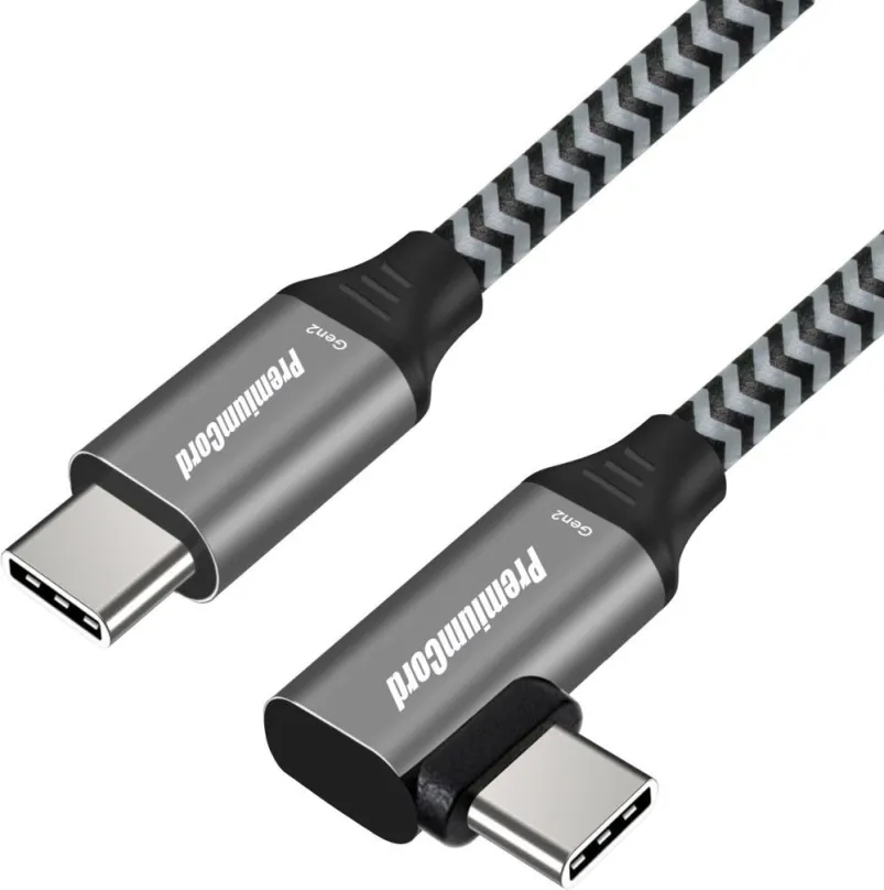 Dátový kábel PremiumCord USB-C zahnutý kábel (USB 3.2 GEN 2, 3A, 60W, 20Gbit/s) bavlnený oplet 1m