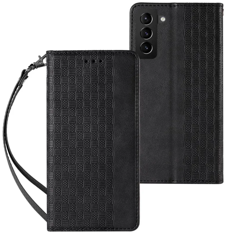 Puzdro na mobil Magnet Strap knižkové kožené puzdro na Samsung Galaxy S22 Ultra, čierne