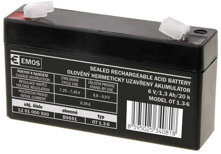 Batéria pre záložné zdroje EMOS Bezúdržbový olovený akumulátor 6 V/1,3 Ah, fastón 4,7 mm