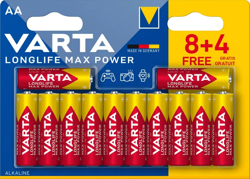 Jednorazová batéria VARTA alkalická batéria Longlife Max Power AA 8+4 ks