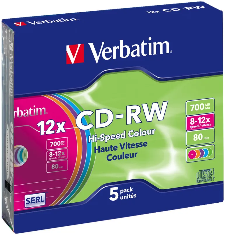 Médiá VERBATIM CD-RW SERL 700MB, 12x, farba, slim case 5 ks