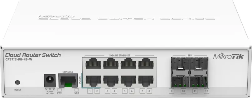 Switch Mikrotik CRS112-8G-4S-IN, 8x RJ-45, 4x SFP, Power over Ethernet (PoE) a firewall, 8