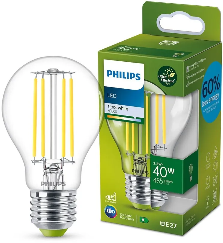 Philips 8719514343740 LED filamentová žiarovka 1x2,3W/60W | E27 | 485lm | 4000K - číra, Ultra Efficient