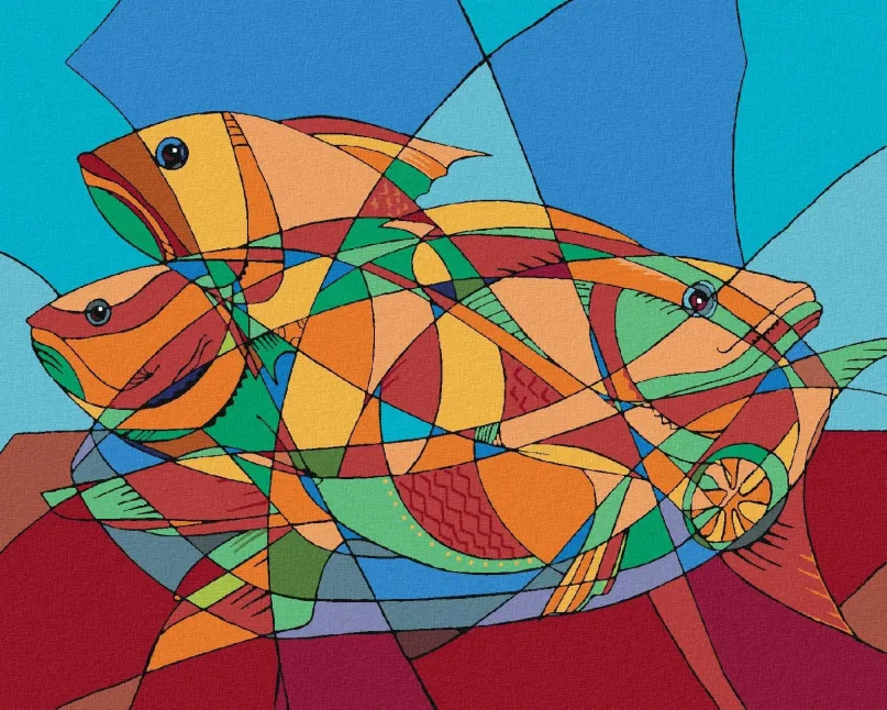 Maľovanie podľa čísel Abstraktné kubické ryby, 80x100 cm, vypnuté plátno na rám