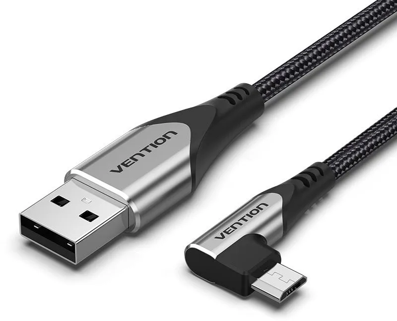Dátový kábel Vention 90 ° USB 2.0 -> microUSB Cotton Cable Gray 2m Aluminium Alloy Type