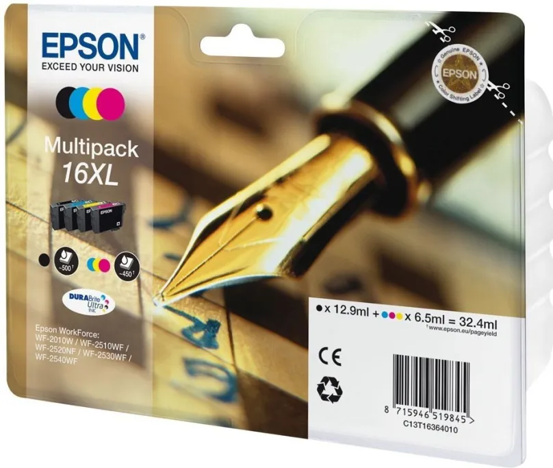 Cartridge Epson T1636 XL Multipack, čierna, azúrová, purpurová a žltá farba, výťažnosť 450