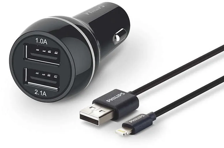 Nabíjačka do auta Philips Dual Car Charger 2x USB 3.1A s káblom Lightning/ MFi, čierna