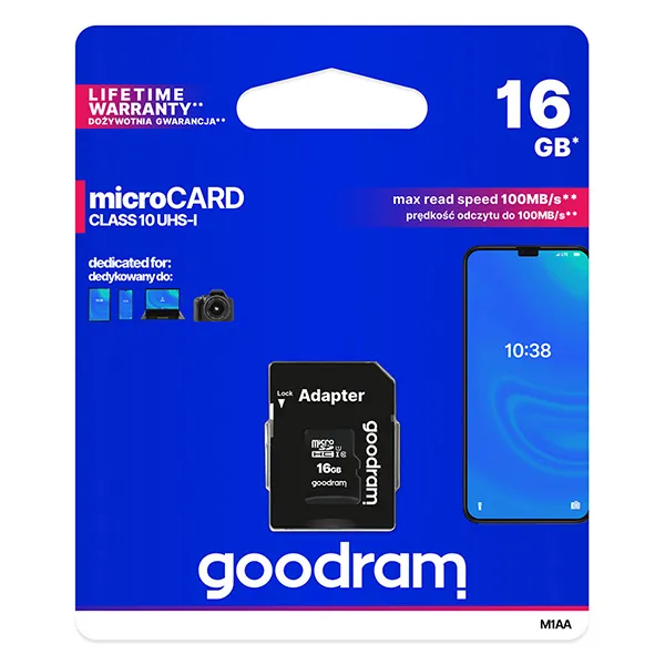 Goodram pamäťová karta Micro Secure Digital Card, 16 GB, micro SDHC, M1AA-0160R12, UHS-I U1 (Class 10), s adaptérom